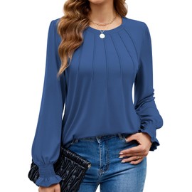 Funlingo Womens Tops Dressy Casual Fall Shirts Ruffle Long Sleeve Tunic Blouse Knit Scoop Neck Oversized Tshirts Flattering Tops to Hide Tummy Deep Blue M