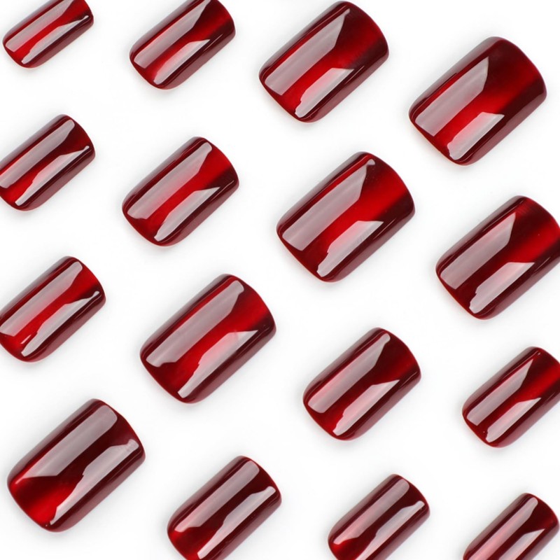 Red Press on Nails Short Square Fake Nails Shiny Design