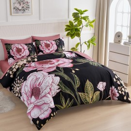 Luxudecor Floral King Comforter Set 7 Pieces Bed in a Bag, Pink Flower Print on Black Bedding Set, Soft Reversible Comforter with Sheet Set 104"x90"