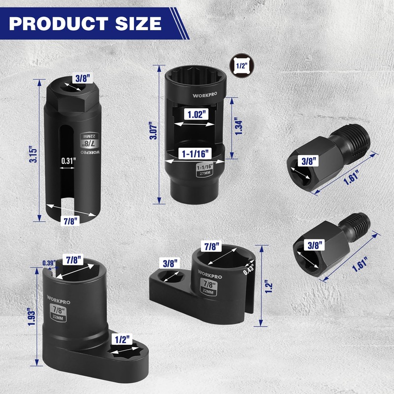 WORKPRO 6PCS O2 Oxygen Sensor Socket, Automotive 3/8" 1/2" Drive