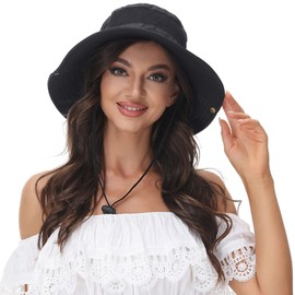 Summer Sun Hat Women Wide Brim Breathable Outdoor Hiking Hat Summer Fishing Hat with Adjustable Drawstring New-Black
