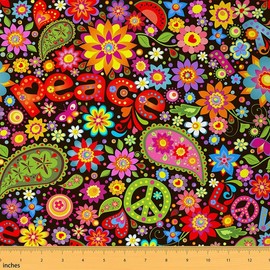 Feelyou Hippie Peace Art Fabric by The Yard, Peace Sign Artwork Paisley Floral Pattern Upholstery Fabric for Chairs, The Art of Peace Psychedelic Tie-Dyed Decorative Fabric for Upholstery, 1 Yard,