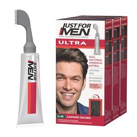 Just For Men Ultra, Tinte para Canas Castaño Oscuro U45 con Cepillo de Fácil Aplicación, 35g. Paquete de 3