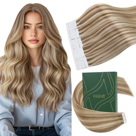 Ugeat Tape in Hair Extensions Human Hair Brown Highlights with Blonde Human Hair Tape in Extensions Skin Weft Blonde Hair Extensions for Women Lightweight for All-Day 22Inch 20Pcs 50G
