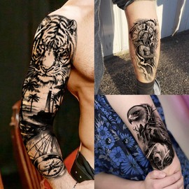 20 Sheets Large Tiger Full Arm Temporary Tattoos For Women, 8 Sheets Full Sleeve Tattoos For Men Tiger Lion Eagle Owl Compass Flower, 12 Sheets Half Arm Tattoo For Adults Ship Skull