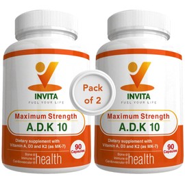 INVITA ADK 10 Double Strength (10,000 iu) Vitamins A1, D3 & K2 (as MK7) - Physician Formulated Bone & Immune System Support - Gluten Free, Non GMO - 180 Vegetarian Capsules