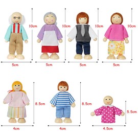 Aolso Wooden Family Dolls Playset of 7 People, Wooden Figures Set for Children Doll house Pretend Gift, Family Set for Dolls House Accessories Kids Toy