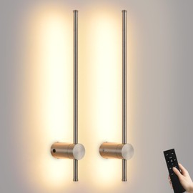 Battery Operated Wall Sconces with Remote, Dimmable 3000K-6000K/Timer/Memory LED Wall Lamp, 350°Rotate, USB Rechargeable Wireless wall lights for Living Room, Bedroom Brushed Nickel 23.6" (2 Pack)