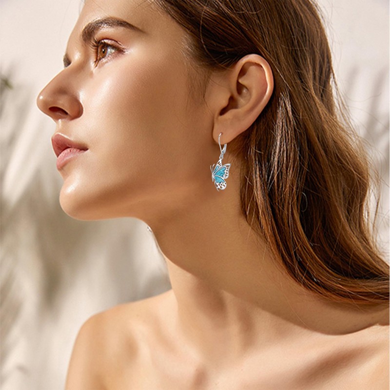 MONGAS Butterfly Earrings Sterling Silver Created Turquoise Drop Dangle Earrings