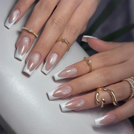 French Press on Nails Medium Square Fake Nails White French Tips False Nails Glossy Acrylic Full Cover Reusable Stick on Nails for Women Manicure 24Pcs