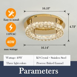 YYJLX Modern Led Ceiling Light Fixture with Remote Control Gold Crystal Flush Mount Light Fixture 16" Round Ceiling Chandelier for Hallway Bedroom Foyer Living Room Dining Room Kitchen.