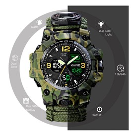 Kavie Mens Tactical Military Digital Watch, 23-in-1 Survival Multi-Functional Army Outdoors Waterproof Camouflage Sports Watches LED Electronic Wristwatches with Compass Paracord Band