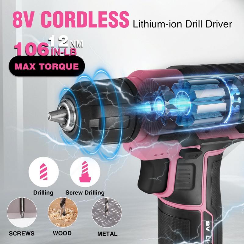 WORKPRO Pink Cordless Drill Driver with Toolbox, 43PCS Pink Tool