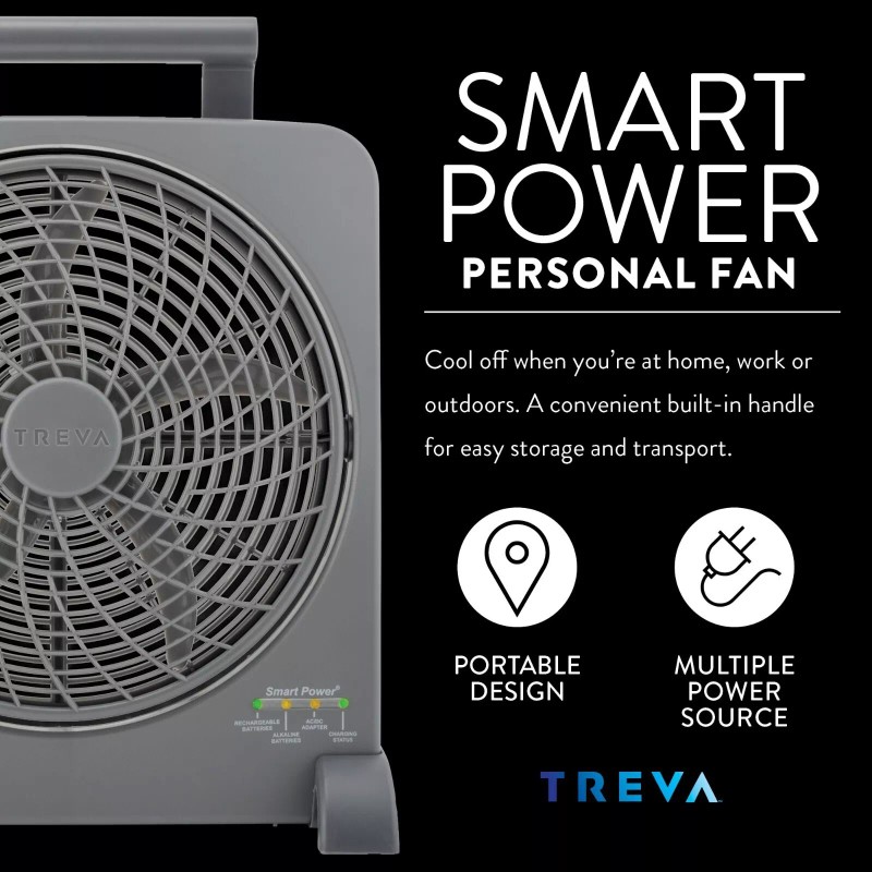 TREVA 10" Smart Power Rechargeable Fan with AC/DC Adapters