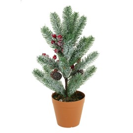 Small Snow Flocked Christmas Tree with Light, Artificial Prelit Red Berries and Pinecones Tree Pots for Indoor Table Centerpieces Porch Outdoor Xmas Christmas Decorations (19 inch)