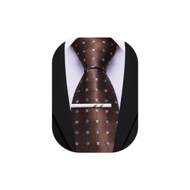 Barry.Wang Brown Ties for Men Silk Plaid Necktie and Tie Clip Polka Dot Tie for Wedding Party Business Formal
