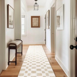 EVERGRACE Checkered Plaid Area Rug 2x10, Soft Fuzzy Faux Wool Rugs Washable Anti Slip Rugs Long Runner Rug Carpet for Entryway Bedroom Living Room Hallway Kitchen Dining Room and Laundry Room, Beige