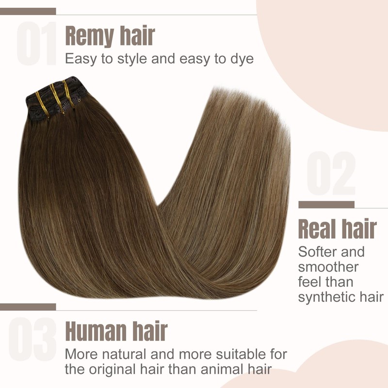 Fshine Clip-In Extensions, Real Hair, Balayage, 120 g, Double Weft,