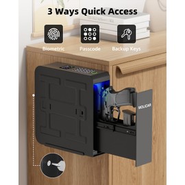 MOLICAR Biometric Slider Pistol Safe with LCD of Temp Humidity Battery, Mounted Single Bedside Gun Safe with 3 Ways Quick Access Handgun Case for Nightstand, Bed, Desk, Wall, Dresser