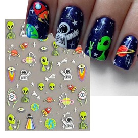 IDDFEVE Embossed Alien Nail Art Stickers - 5D ET UFO Astronaut Rocket Design Self-Adhesive Nail Decals for DIY Space Extraterrestrial Manicure (2 Sheets)