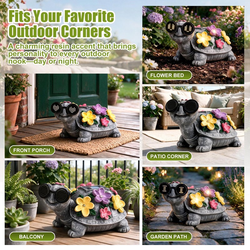 Solar Garden Outdoor Turtle Statue with Sunglasses and Flower LED