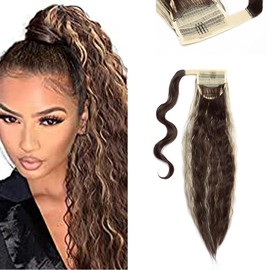 SEGO 50 cm Ponytail Extension, Hairpiece, Corn Wavy Ponytail Hair Extension, Curly Synthetic Hair, 6P613 Brown & Blonde Bleach
