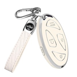 QBUC for Hyundai Ioniq 6 Key Fob Cover,TPU 360 Degree Car Key Case Protector with Leather Keychain Compatible with Hyundai Ioniq 6 Grandeur GN7 KONA 2023 2024 Smart 5 Buttons Smart Key(White)