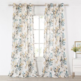 MYSKY HOME 95 Inch Curtains Semi Sheer Linen Blended Window Curtain Panels for Living Room Light Filtering Privacy Protect Drapes Set Leaf Style Texture Soft Touch, 52" x 95", Yellow and Blue, 2 Pcs