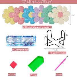 6 Pcs 5D Diamond Painting Coasters Kits with Holder, Flowers Diamond Art Coasters Set for Drinks Coffee Table, Diamond Painting kit for Beginners Adults DIY Art Craft Gifts Home Decors (Flowers)