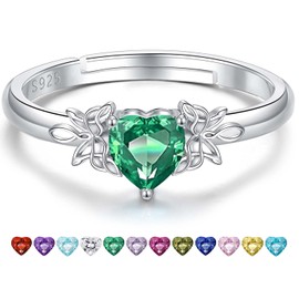 Adjustable May Birthstone Rings for Women - S925 Sterling Silver Dainty Stackable Green Heart Rings , Promise Engagement Band with Butterfly Knot Design - Jewelry Gift for Women, Mother, or Daughter ,Sister