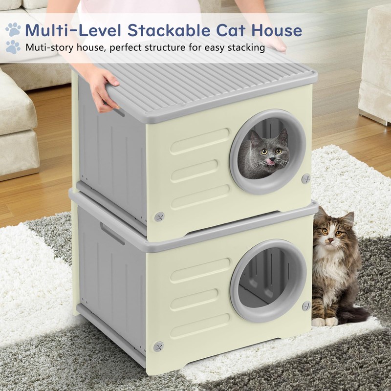 Plastic Cat House for Outdoor Indoor Use, Stackable Feral Cat