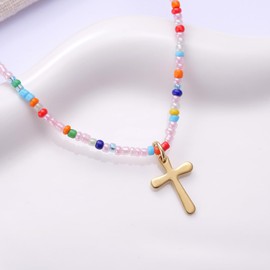 Kvekstio Cross Necklace for Women, Colorful Beaded Choker Necklace, Gold Cross Charm First Communion Baptism Gift for Teens, Multicolor Glass Beads Faith Necklaces, Christian Confirmation Jewelry