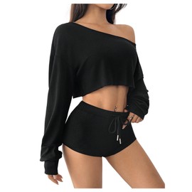 SweatyRocks Women's 2 Piece Outfits Sweatsuit Sets Off Shoulder Knit Top Stretchy Shorts Sets Black Large