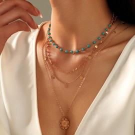 GAOKOXI Gold Layered Choker Necklace for Women 14K Gold Plated Boho Turquoise Pendant Necklace Trendy Dainty Beach Western Necklace Jewelry Accessory