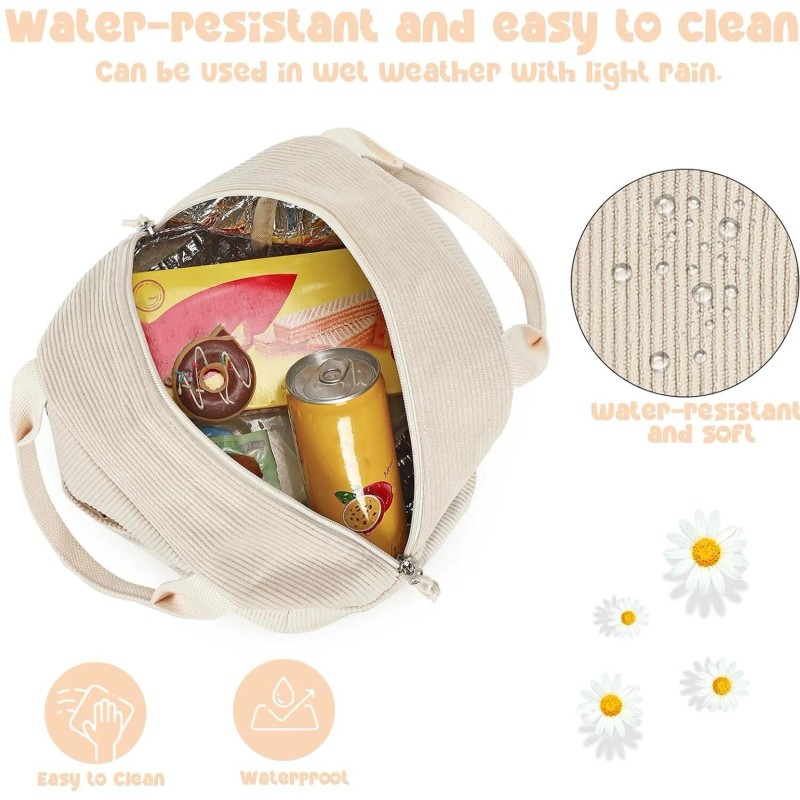 Bluboon Beige Corduroy Insulated Lunch Bag Spacious Lightweight Cooler Tote