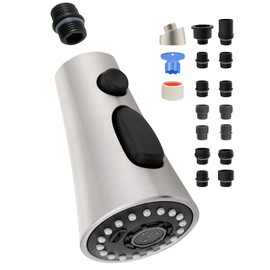 Universal Kitchen Faucet Head Replacement with 15 Adapter Kit Compatible with American Standard/Kohler/Moen/Delta Faucets, 3 Function Pull Down Sink Faucet Spray Head, Brushed Nickel