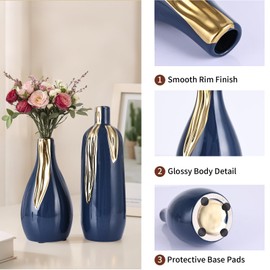 Blue and Gold Vase Set of 3, Modern Ceramic Decorative Vases for Living Room, Bedroom, Art Decor, Mantle, Home Event Decor, Office Decorative, Weddings, Rustic & Farmhouse (Blue Gold)