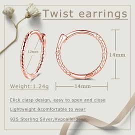 Cangall Silver Hoop Earrings for Women, 925 Sterling Silver Twisted Hoop Earrings, Hypoallergenic Small Cartilage Sleeper Hoop Earrings Rose Gold Huggie Earrings Jewelry Gift for Birthday Christmas