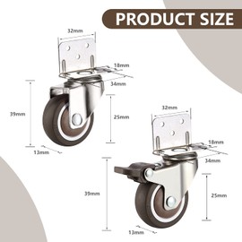 L-Mounting Plate Furniture Castors Rubber 25 mm with 2 Brakes, 360 Degree Heavy Duty Castors with 53 kg Load Capacity, Silent Solid Rubber Castors for Furniture Transport, Table, Cabinet, Set of 4