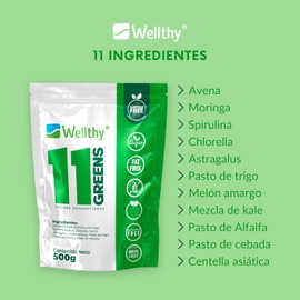 Wellthy 11 Greens: Jugo Verde en Polvo 500g con Espirulina. Producto Vegano, Fat Free, Gluten Free, 100 porciones por Envase, NON GMO, Bottle Free.