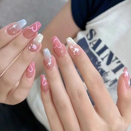 24Pcs Valentines Day Press on Nails Coffin Medium Fake Nails Colour Star Heart Acrylic Nails Cute Full Cover Design Valentines False Nails Pink Glossy Artificial Glue on Nails for Women DIY Manicure