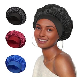 MFCGHXR 3 Piece Satin Cap for Hair, Cap Women for Sleeping, Cap Women's Curls for Girls, Night Cap, Headwear Set for Hair Loss, Hair Care (Burgundy, Black, Royal Blue)