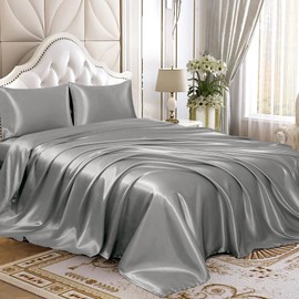 Homiest 3pcs Satin Sheets Set Luxury Silky Satin Bedding Set with Deep Pocket, 1 Fitted Sheet + 1 Flat Sheet + 1 Pillowcase (Twin XL Size, Light Grey)