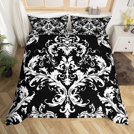 Feelyou Girls Damask Pattern Comforter Cover Boho Damask Bedding Set for Women Adults Black White Baroque Style Duvet Cover European Pattern Room Decor Queen Size Quilt Cover 3Pcs