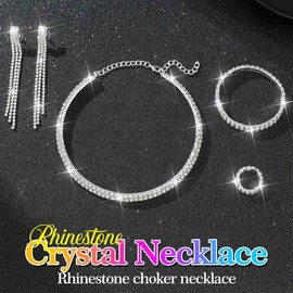 Reaky Rhinestone Choker Necklaces Silver Bridal Jewelry Sets 4 Pcs Crystal Necklace Wedding Accessories for Women (2 Layered Necklace)