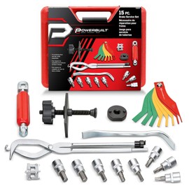 Powerbuilt Brake Service Set, 15 Piece, Remove Springs, Adjust Vehicle Drum Brakes, Spread Disc Pads, Piston Tool, Vehicle Repair Kit 948007