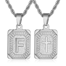 SKQIR Initial Letter Necklaces for Men,14K Silver Plated F Square Pandent Letter Necklace for Women,Cross Necklace with Letter chain Pendant for Boys