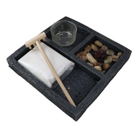 Ebros Gift Zen Garden Set Rocks and Sand Square Tabletop Wu Xin Void Serenity Meditation Garden with Rake Lotus Incense Stick Holder and Tea Light Candle Holder
