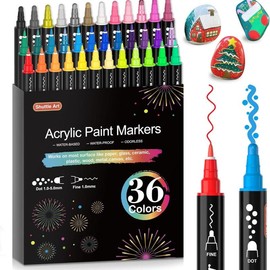 Shuttle Art 28/36/48/60 Colors Dual Tip Acrylic Paint Markers, Brush/dot tip and Fine Tip for Rock Painting, Ceramic, Wood, Canvas, Plastic, Glass, Stone, Calligraphy, Card Making, DIY Crafts - Color: 36 Colors Dot Tip and Fine Tip