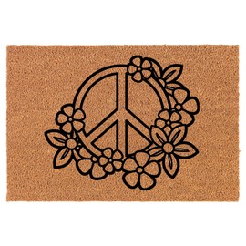 Coir Doormat Front Door Mat New Home Closing Housewarming Gift Peace Sign with Flowers (30" x 18" Standard)